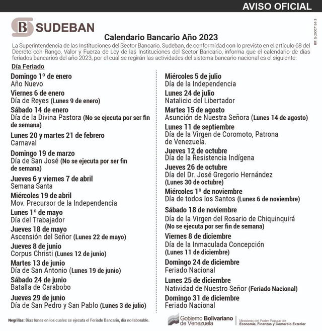 Calendario de feriados bancarios 2023 en Venezuela. Foto: Sudeban 