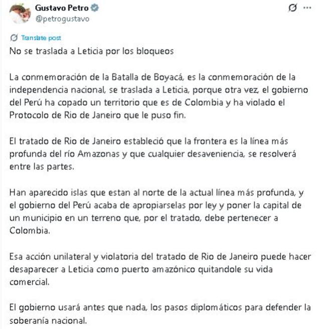 Publicación de Gustavo Petro en X. 