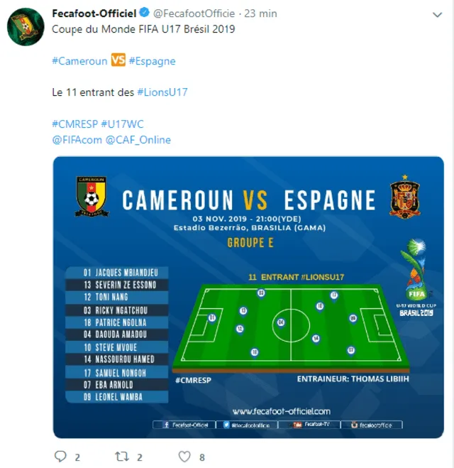 España vs. Camerún EN VIVO ONLINE: once titular de los 'Leones Indomables'.