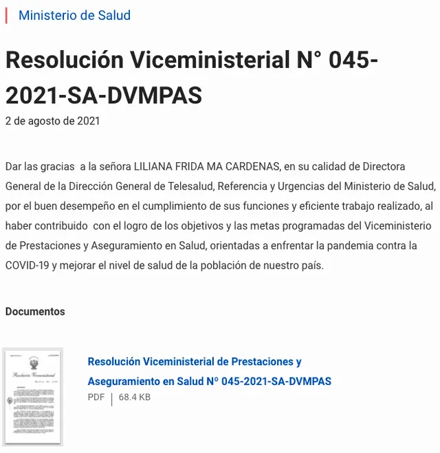 Resolución viceministerial Nº 045-2021-SA-DVMPAS. Ministerio de Salud.