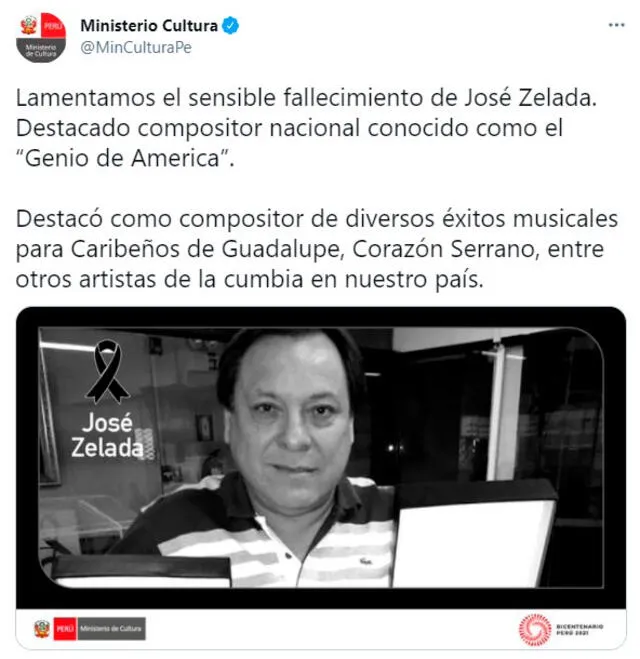 El Ministerio de Cultura emitió un sensible mensaje para despedir al compositor José Zelada. Foto: captura Ministerio de Cultura / Twitter