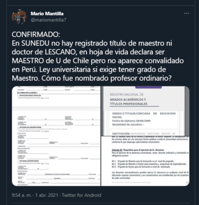 Excongresista Mario Mantilla cuestiona grados académicos de Lescano. Foto: Twitter/captura