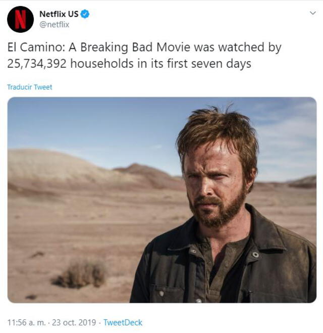 Netflix anuncia cuántas personas vieron El Camino. Foto: Captura
