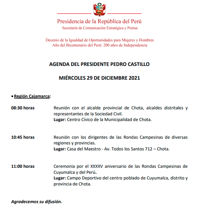 Agenda del presidente Pedro Castillo. Foto: documento