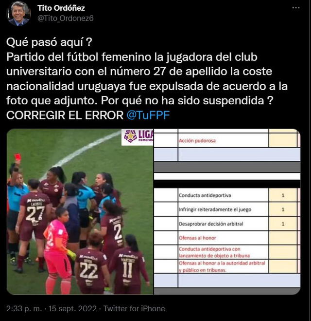 Tito Ordoñez reclamó la suspensión a jugadora de Universitario. Foto: Twitter