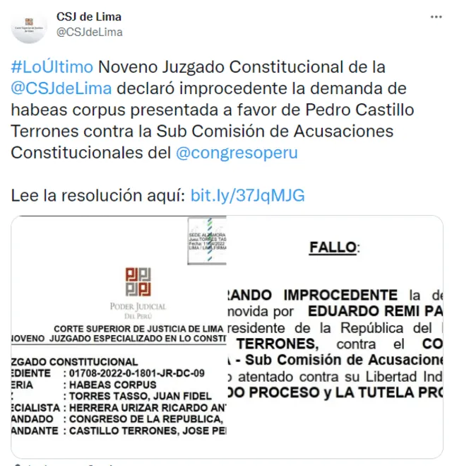 Noveno Juzgado Constitucional de la Corte Superior de Justicia declaró improcedente la demanda de habeas corpus presentada a favor de Pedro Castillo