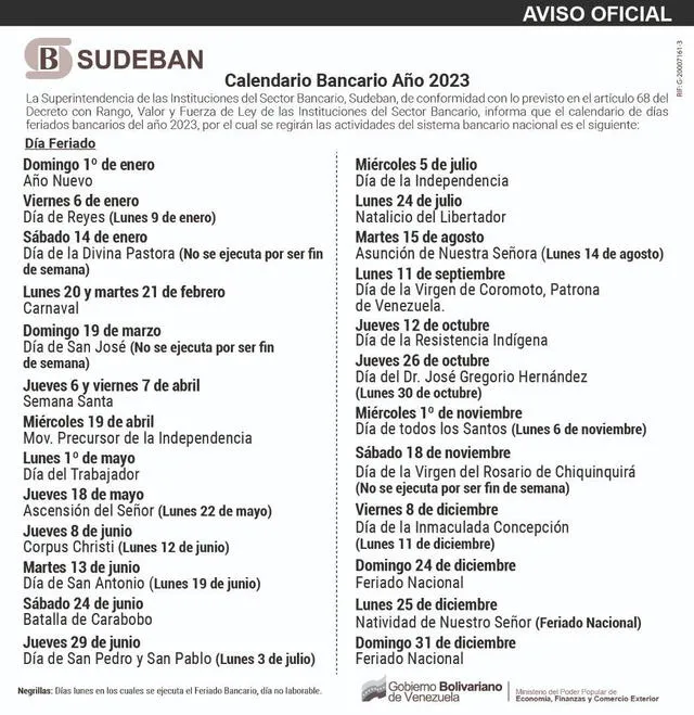 Calendario de feriados bancarios 2023 en Venezuela. Foto: Sudeban 