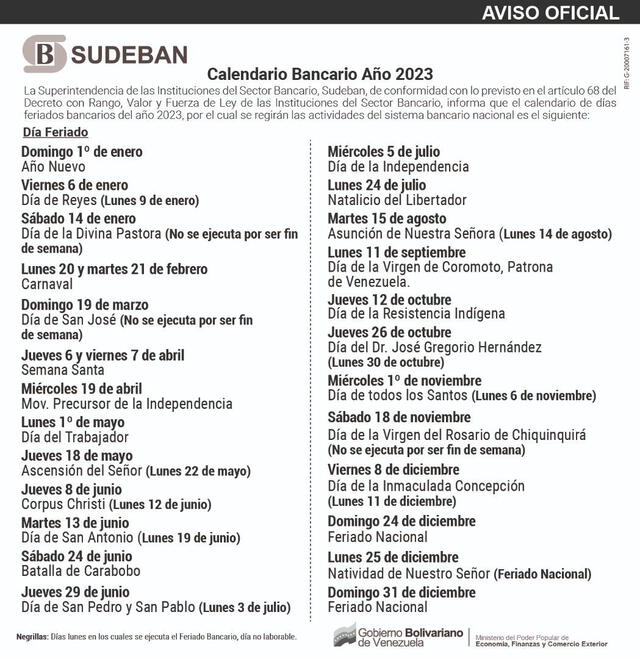 Sudeban compartió el Calendario de Feriados 2023 por medio de sus canales oficiales. Foto: Twitter/Sudeban Informa.