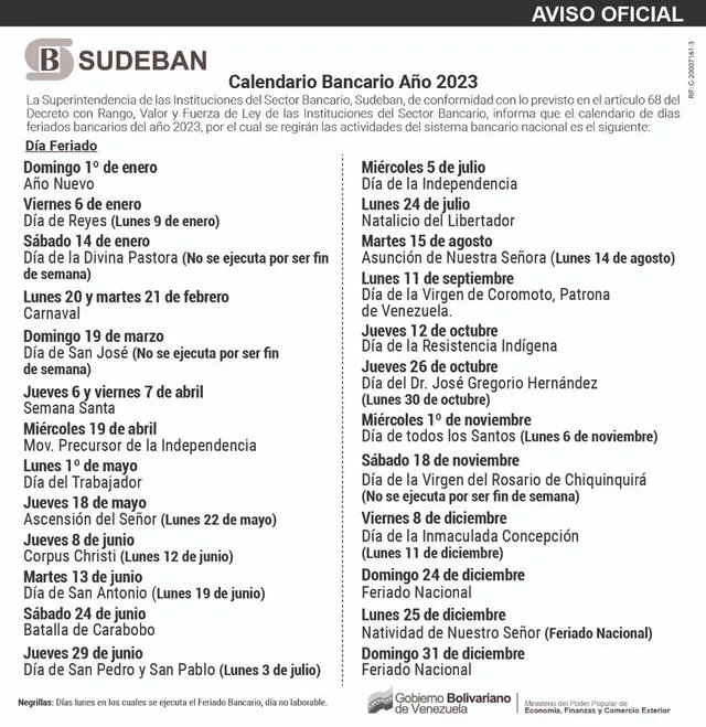  Sudeban compartió el Calendario de Feriados 2023 por medio de sus canales oficiales. Foto: Twitter/Sudeban Informa.   
