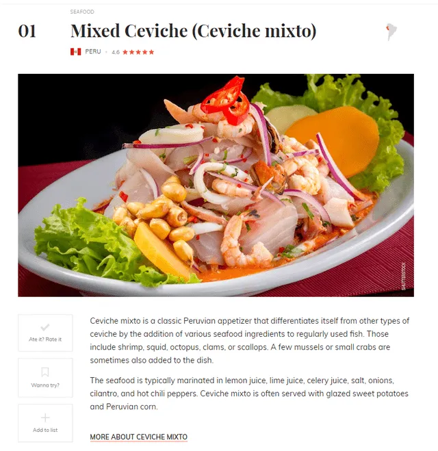  El ceviche mixto es el mejor plato de la gastronomía peruana, según Taste Atlas. Foto: Taste Atlas   