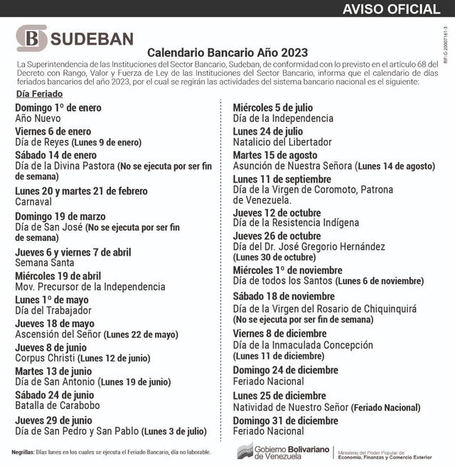 Sudeban compartió el Calendario de Feriados 2023 por medio de sus canales oficiales. Foto: Sudeban Informa/X