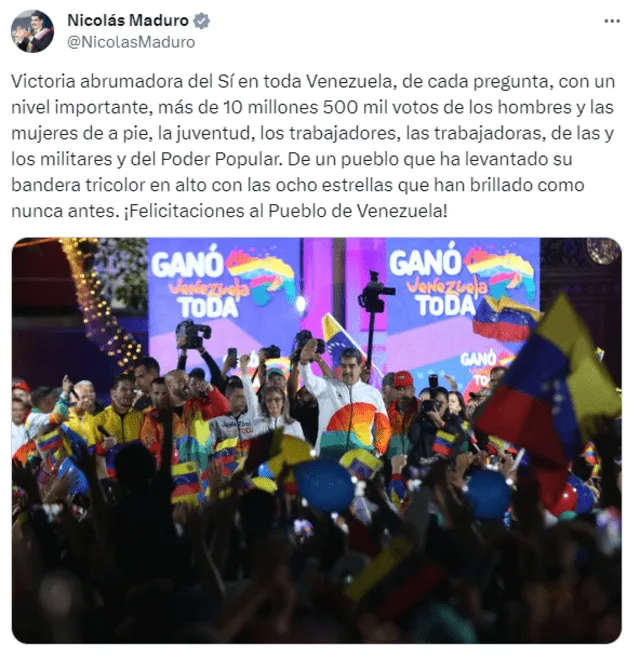 Nicolás Maduro se pronunció tras los resultados del referendo. Foto: Nicolás Maduro/X