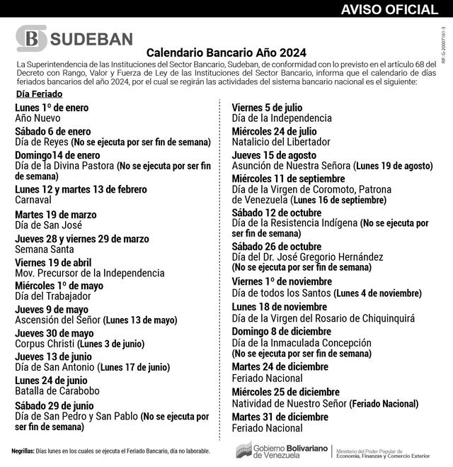  Calendario Bancario 2024, según Sudeban. Foto: Sudeban   