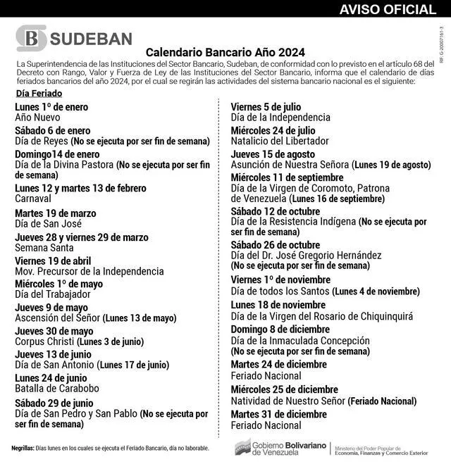 Puedes revisar en esta imagen todos los feriados bancarios del 2024 en Venezuela. Foto: Sudeban   