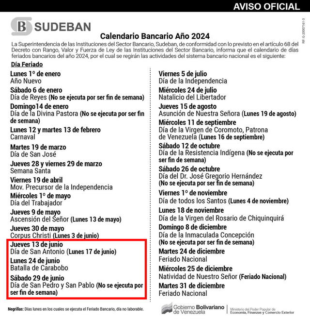 Este es el calendario oficial de feriados bancarios en Venezuela. Foto: Sudeban