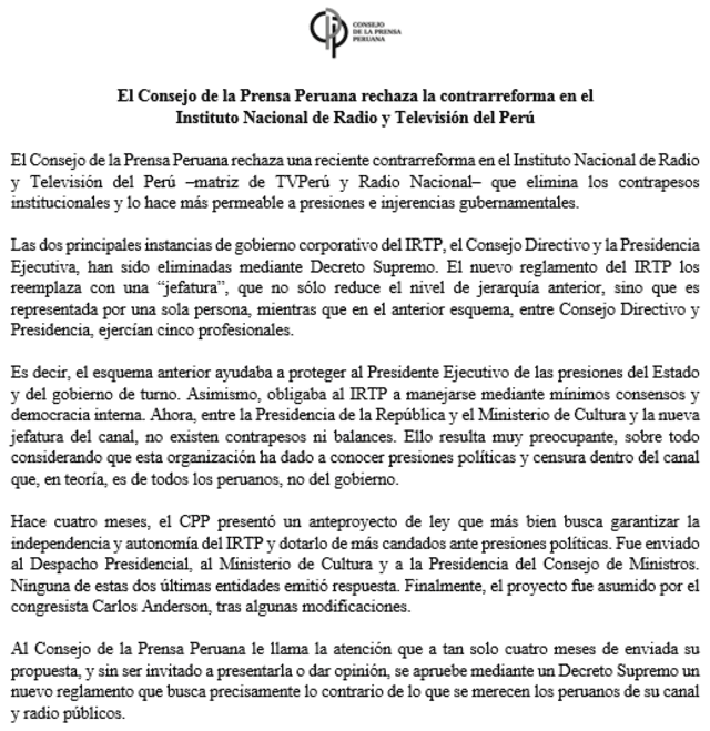  Comunicado del Consejo de la Prensa Peruana sobre la contrarreforma del IRTP. 