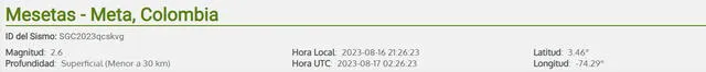 Último temblor registrado en Colombia. Foto: SGC   