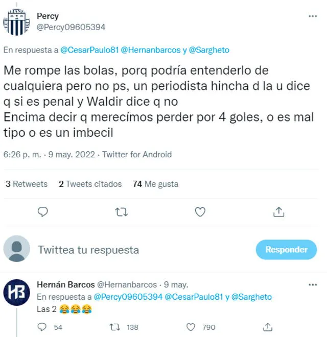 Interacción de Hernán Barcos en redes sociales con los hinchas. Foto: captura Twitter