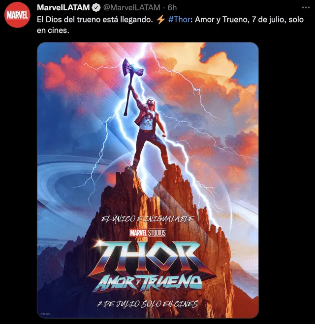 Marvel confirma nueva fecha de estreno de "Thor 4". Foto: captura de Twitter