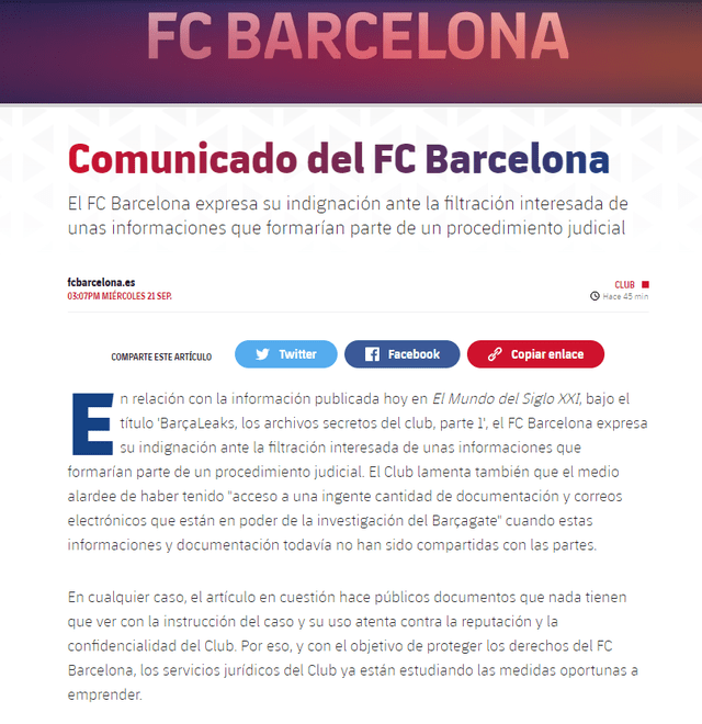 Comunicado del FC Barcelona sobre la publicación de El Mundo. Foto: captura FC Barcelona