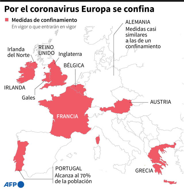 Mapa de Europa con los países que tomaron medidas de confinamiento por la segunda ola de COVID-19. Infografía: AFP