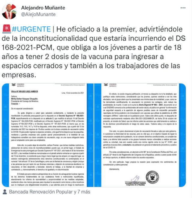Congresista Alejandro Muñante se pronunció en sus redes oficiales. Foto: captura de pantalla