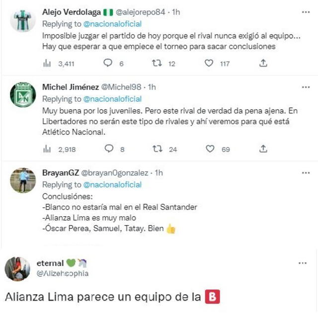 Comentarios de los hinchas de Atlético Nacional. Foto: captura Twitter