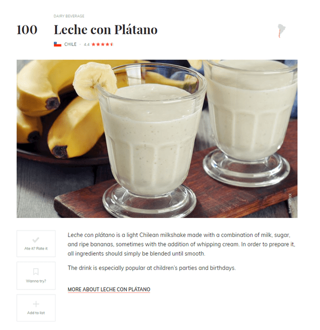  El jugo de leche con plátano logró meterse a la lista de Las 100 mejores bebidas del mundo de Taste Atlas. Foto: Taste Atlas 