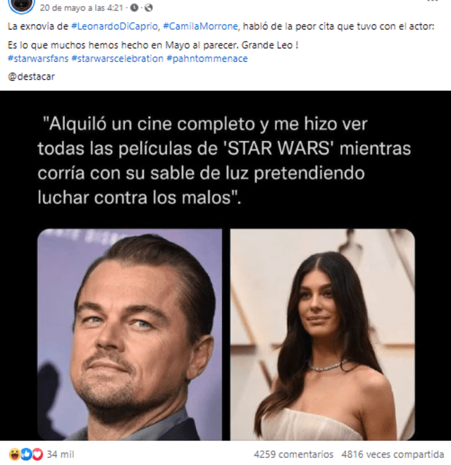  Desinformación sobre Leonardo DiCaprio. Foto: captura en Facebook<br><br>    