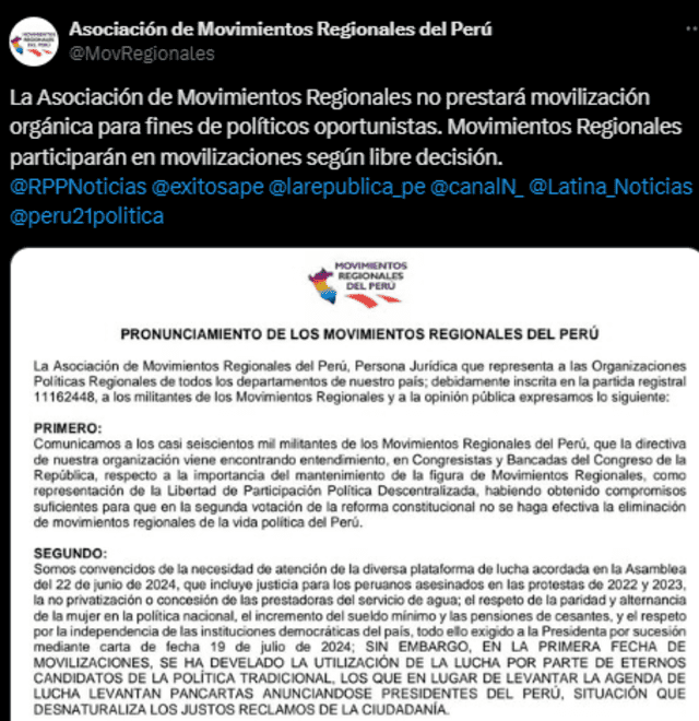 Señalaron que si determinado movimiento regional desea participar lo podrá hacer de manera individual. Foto: Asociación de Movimientos Regionales del Perú- X. 