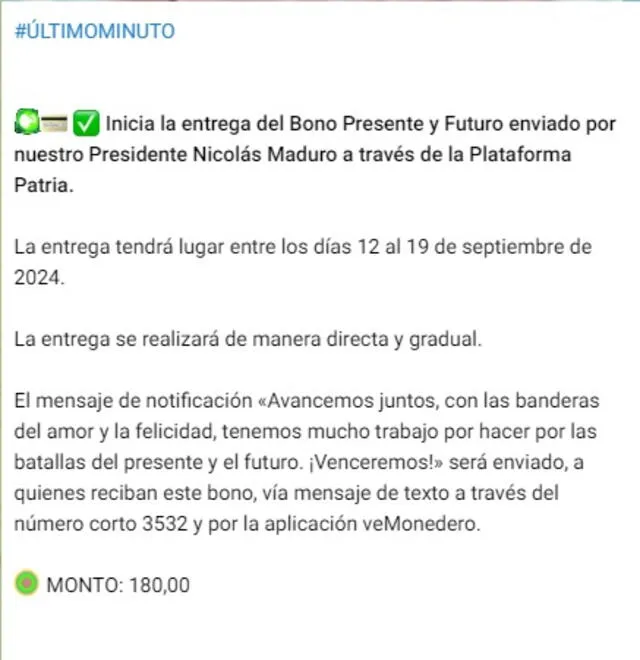 Anuncio del Primer Bono Especial de septiembre 2024. Foto: Canal Patria Digital   