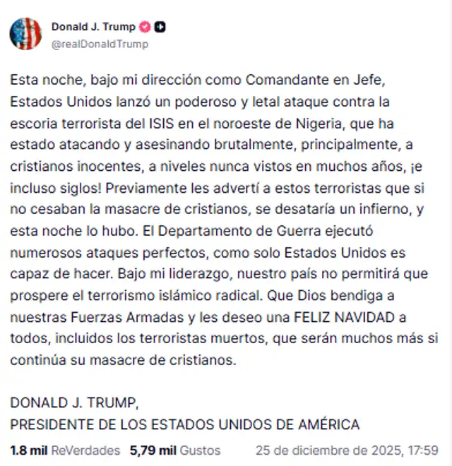 Donald Trump anunció que el Departamento de Guerra de Estados Unidos "ejecutó numerosos ataques perfectos" contra terroristas del Estado Islámico en Nigeria. Foto: captura de pantalla
