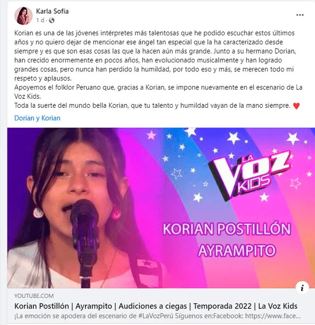 Karla Sofía apoya a Korián Postillón