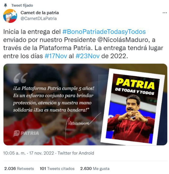 Inicia el pago del Bono especial de Noviembre a través de la Plataforma Patria. Foto: captura Twitter