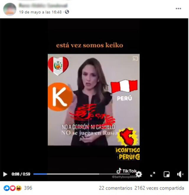 Publicación difunde video adulterado a favor de la campaña de Keiko Fujimori. Foto: captura en Facebook.