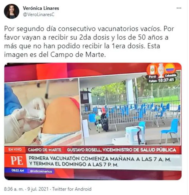 Verónica Linares preocupada por vacunatorios vacíos. Foto: captura Twitter