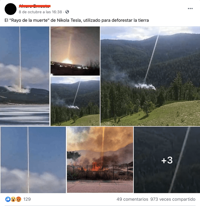 Publicación de Facebook afirma que los incendios forestales son provocados por "rayos de la muerte". Foto: Captura.