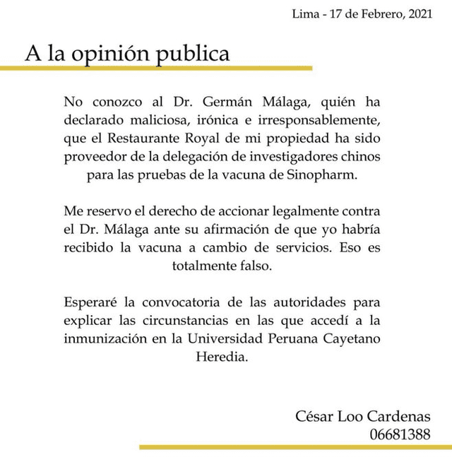 Comunicado del dueño del chifa Royal, César Loo Cárdenas. Foto: TW Jesús Verde