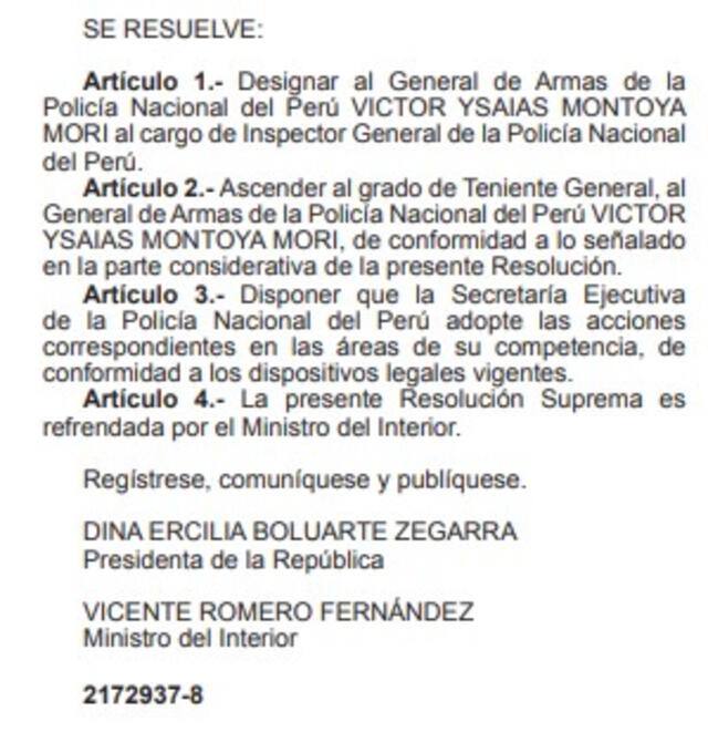 Resolución donde se oficializa nombramiento de Montoya Mori. Foto: El Peruano   