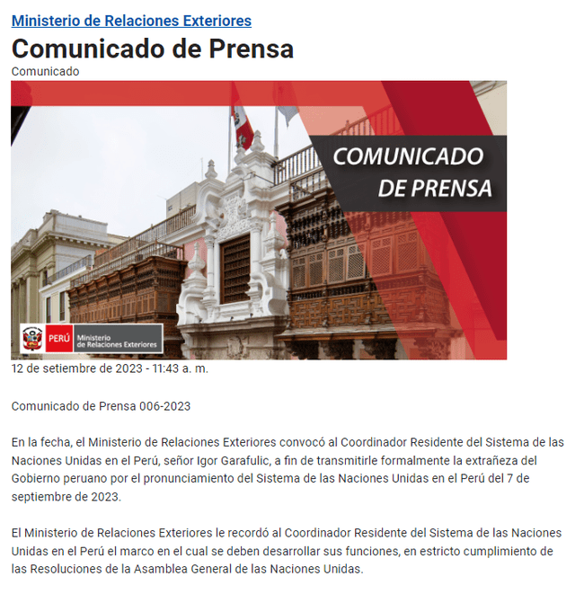  Comunicado de prensa. Foto: Ministerio de RR.EE.   