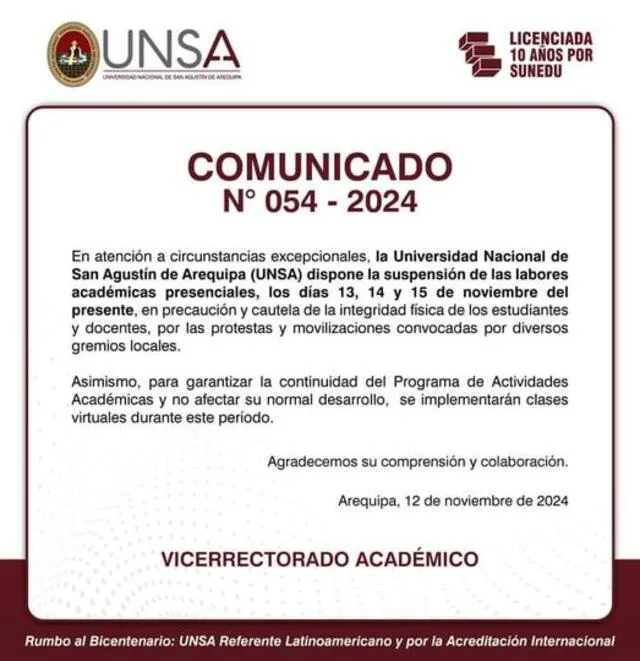  UNSA emite comunicado. Foto: UNSA    