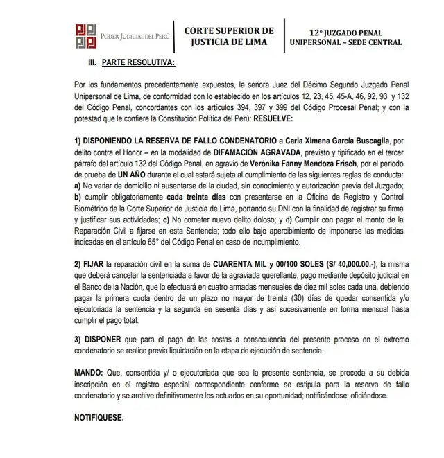 Resolución judicial donde se señala que García deberá pagar S/. 40.000 a Mendoza | Foto: PJ.  