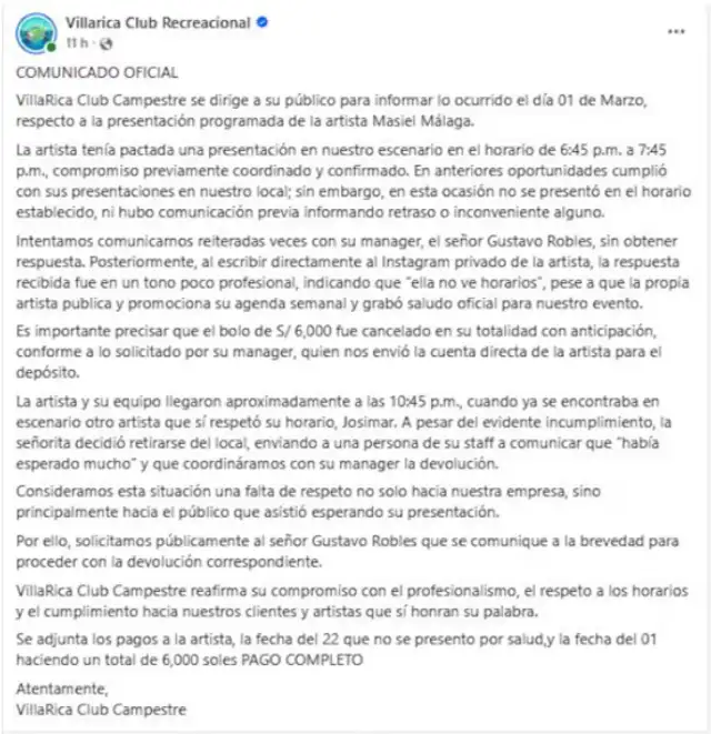 Comunicado de. Foto: Facebook   