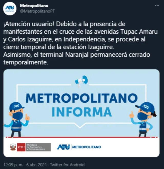 Metropolitano suspende estaciones Naranjal e Izaguirre. Foto: Twitter/captura