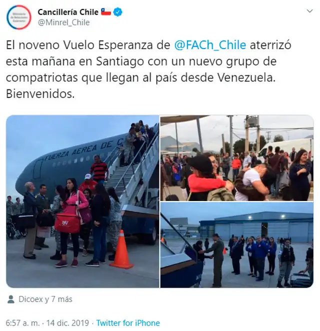La cancilleLa cancillería chilena informó que sus connacionales llegaron en un vuelo de la Fuerza Aérea. Foto: capturaría chilena informó que sus connacionales llegaron en un vuelo de la Fuerza Aérea. Foto: captura