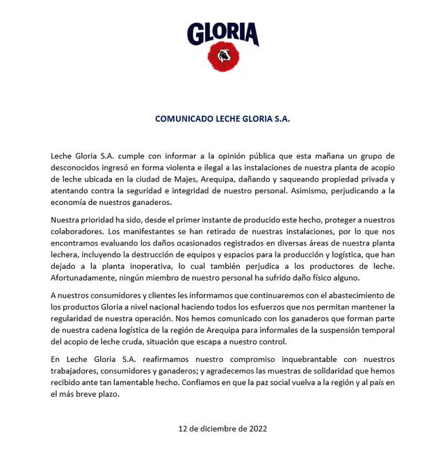 Comunicado de Gloria