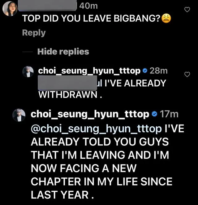  Publicación de T.O.P donde asegura que dejó BIGBANG y que el anuncio ya lo había dado el año pasado. Foto: captura Instagram/Koreaboo/choi_seung_hyun_tttop   