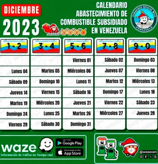 Este es el cronograma de diciembre de la gasolina subsidiada en Venezuela. Foto: WazeVen/ Instagram   