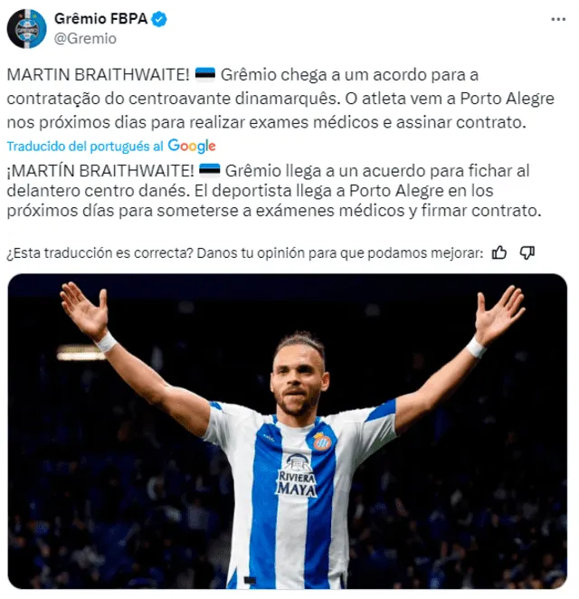  Anunció de Gremio sobre el fichaje de Martin Braithwaite. Foto: Twitter/Gremio   