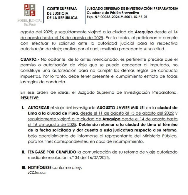 Resolución judicial que autoriza salida de Lima para Javier Miu Lei | Foto: Poder Judicial. Resolución judicial que autoriza salida de Lima para Javier Miu Lei | Foto: Poder Judicial.